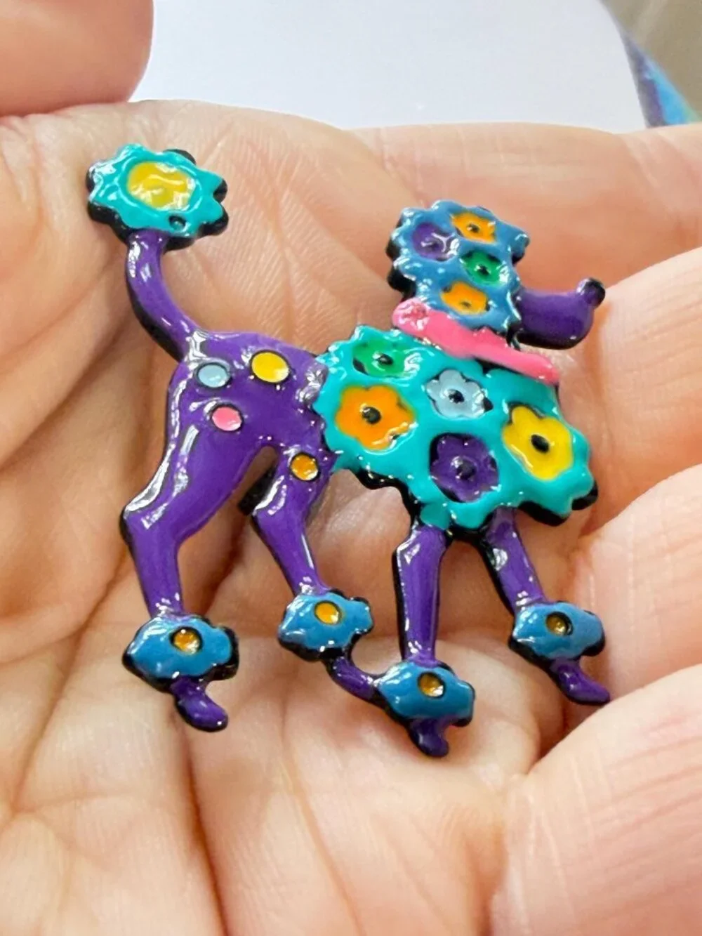 Poodle Dog Brooch Colorful Mosaic Style Glossy Enamel Purple Floral Pin 1.85 in
